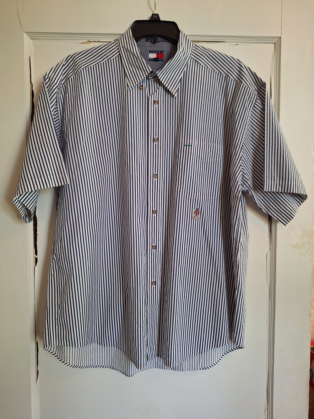 Vtg. 90s Tommy Hilfiger Shirt Mens XL Blue White Strip Button Down Short Sleeve